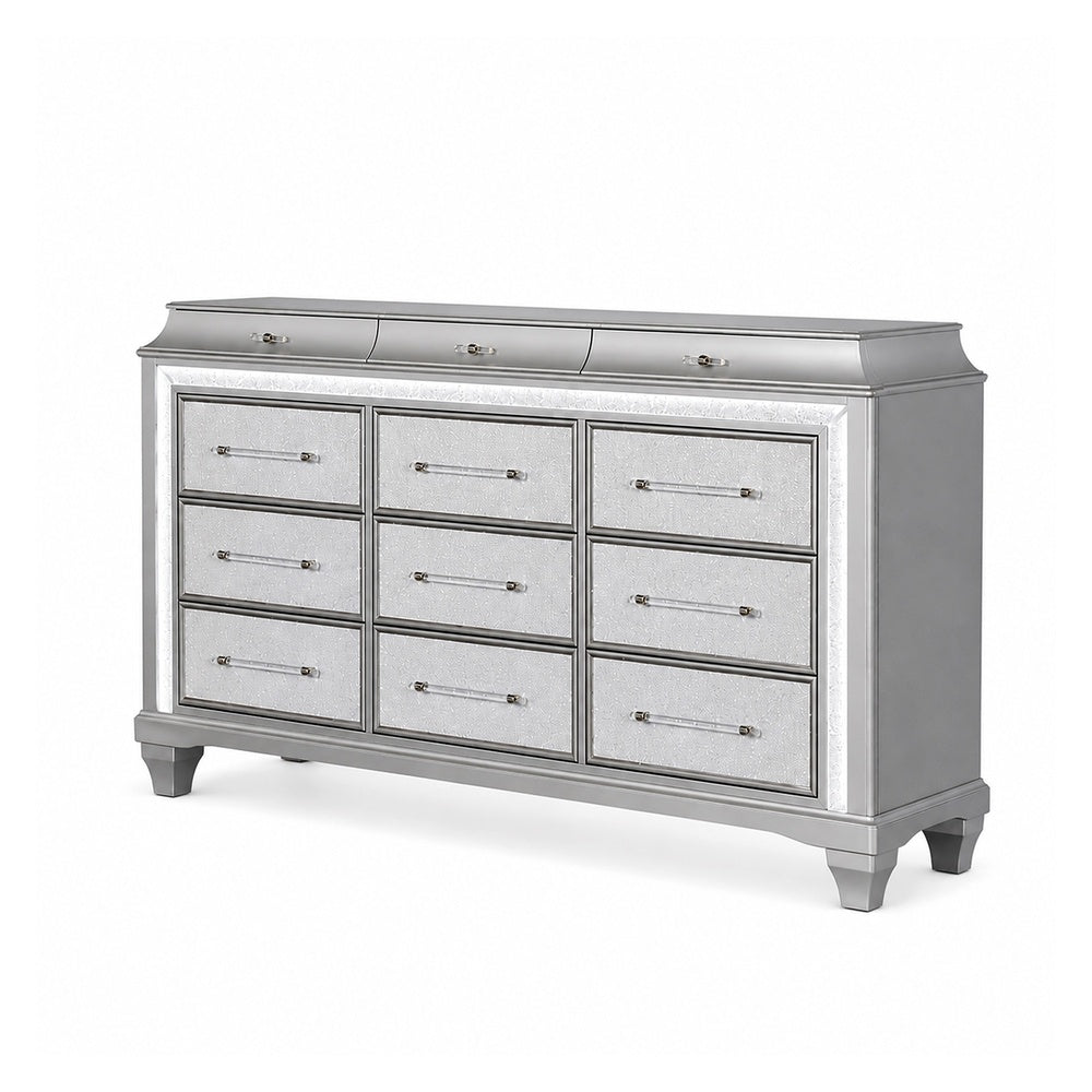 Gala Wide Dresser | 12 Drawers | Felt-Lined | Crystal Trim w LED | Gray