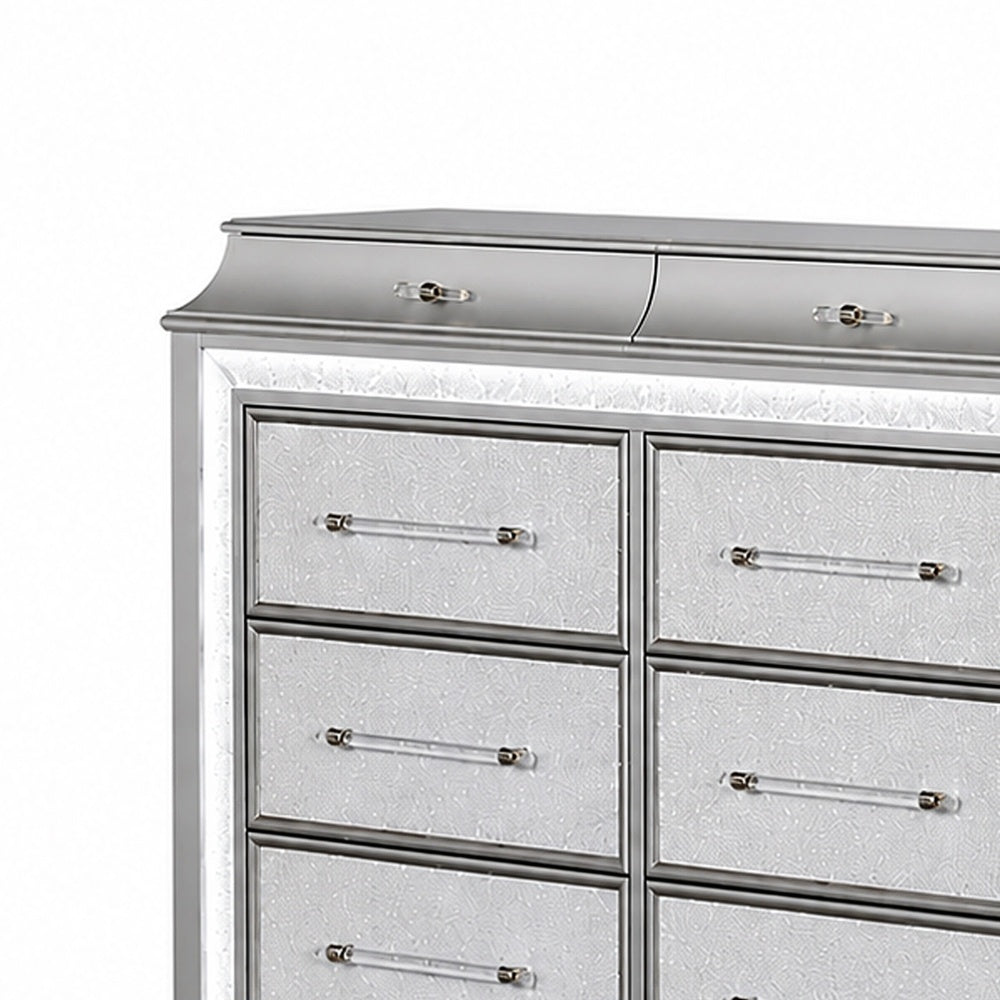Gala Wide Dresser | 12 Drawers | Felt-Lined | Crystal Trim w LED | Gray