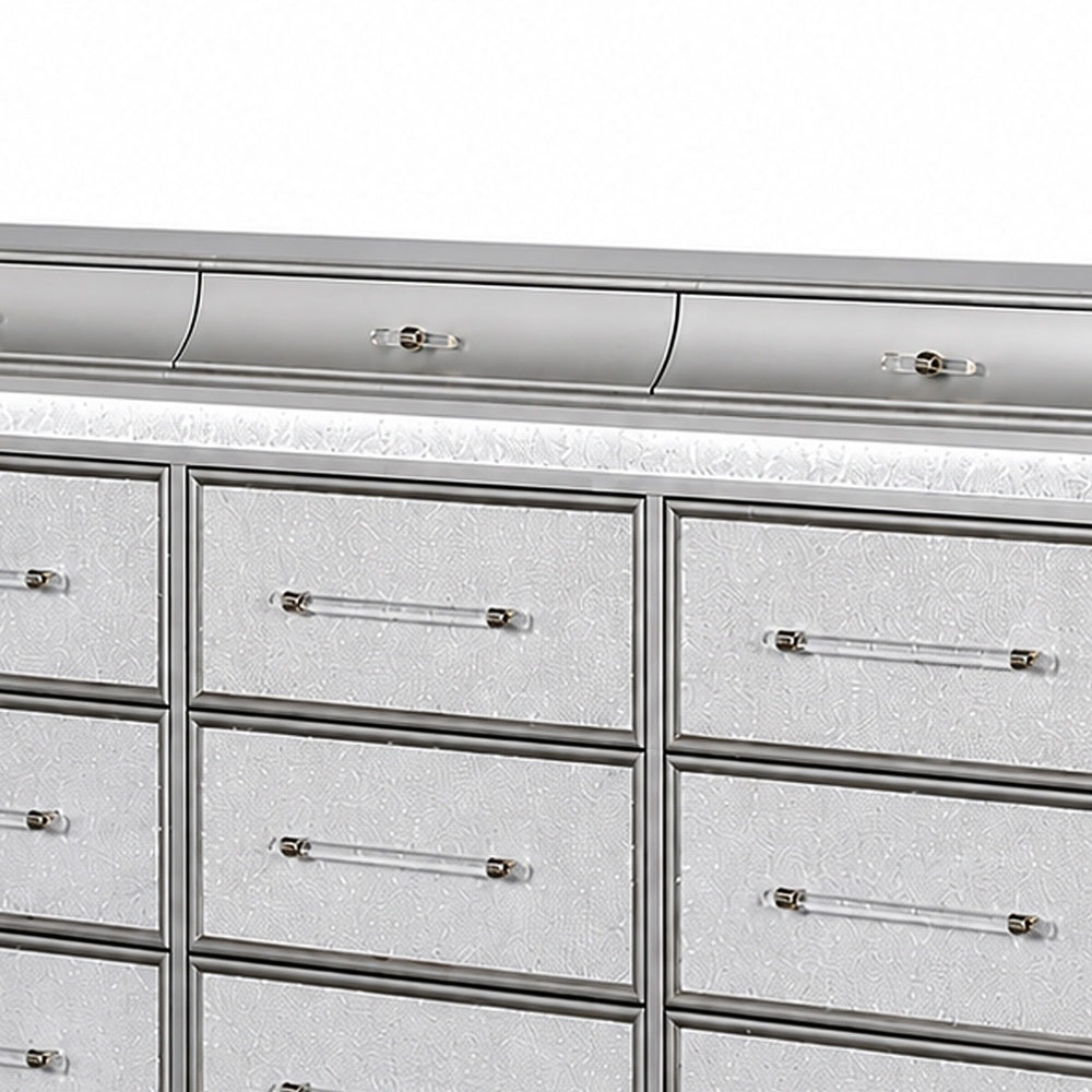 Gala Wide Dresser | 12 Drawers | Felt-Lined | Crystal Trim w LED | Gray