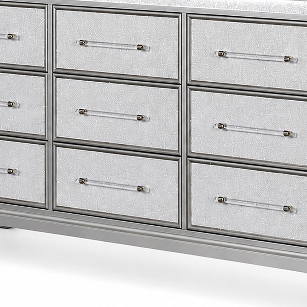 Gala Wide Dresser | 12 Drawers | Felt-Lined | Crystal Trim w LED | Gray