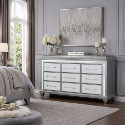Gala Wide Dresser | 12 Drawers | Felt-Lined | Crystal Trim w LED | Gray