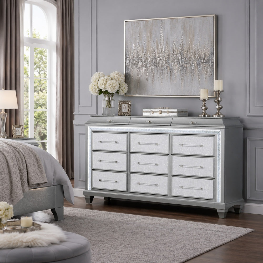 Gala Wide Dresser | 12 Drawers | Felt-Lined | Crystal Trim w LED | Gray