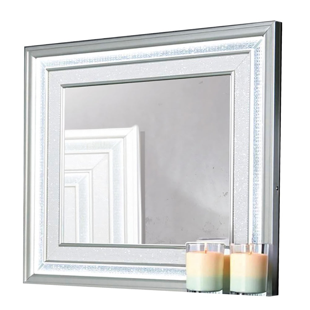 Gala Dresser Mirror | Embedded Crystal Trim w LED | Gray 40x44 Rectangular