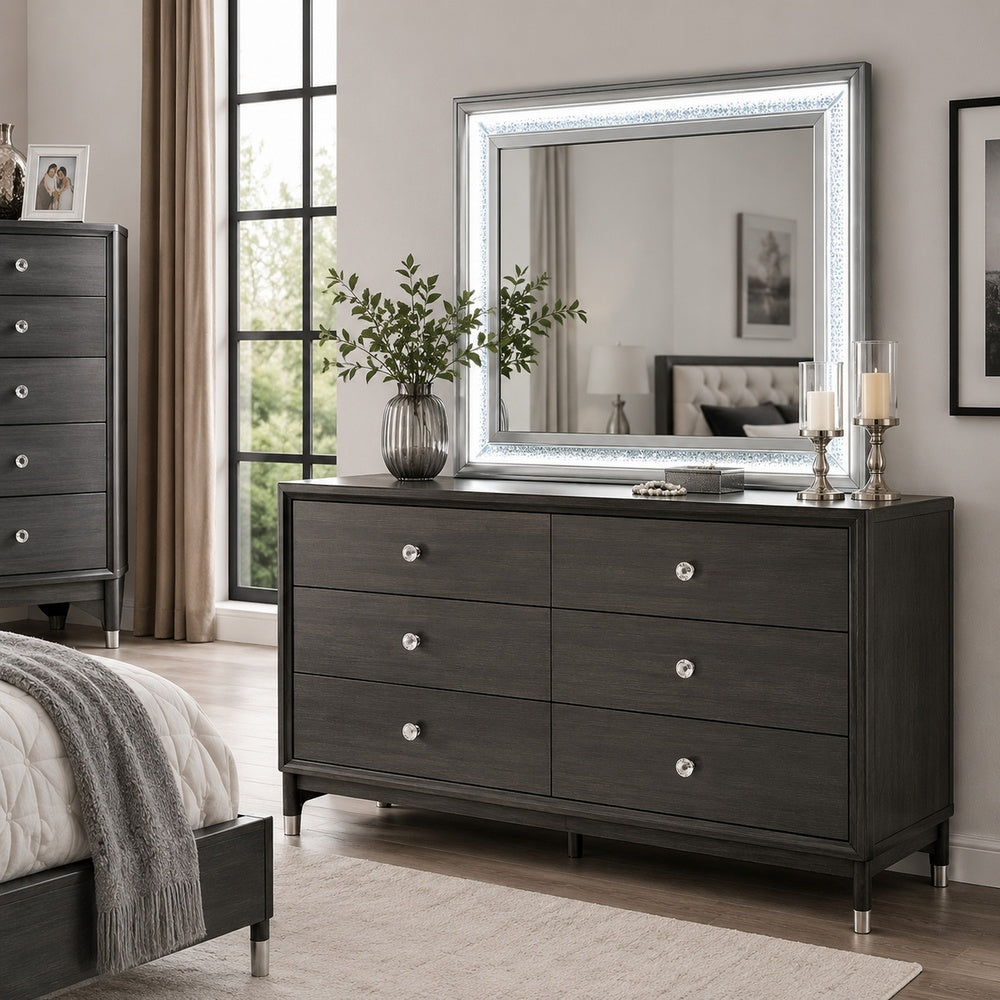 Gala Dresser Mirror | Embedded Crystal Trim w LED | Gray 40x44 Rectangular