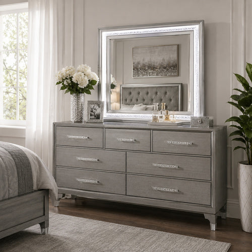Gala Dresser Mirror | Embedded Crystal Trim w LED | Gray 40x44 Rectangular