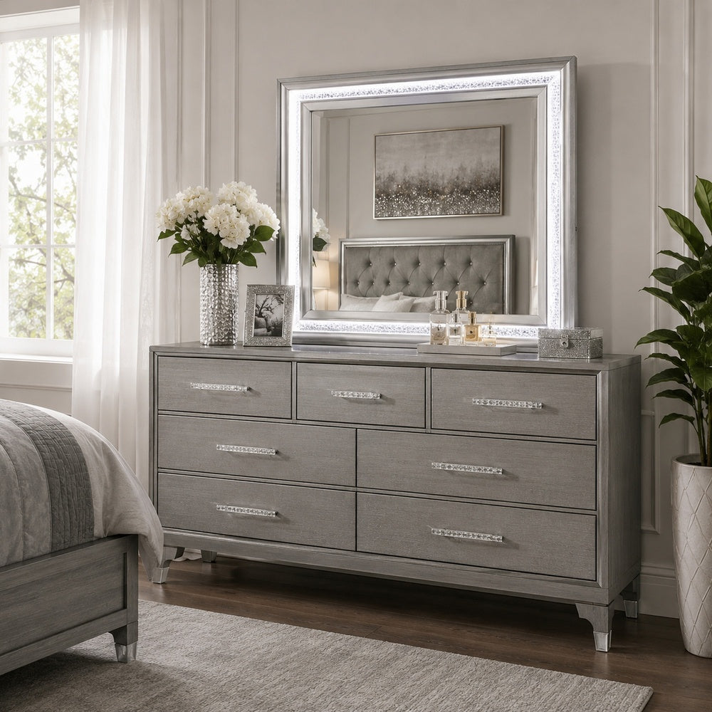 Gala Dresser Mirror | Embedded Crystal Trim w LED | Gray 40x44 Rectangular