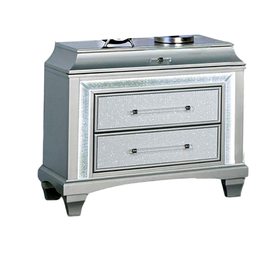 Gala Nightst& | 2 Drawers | Felt-Lined | Crystal Trim w LED | Glam Gray