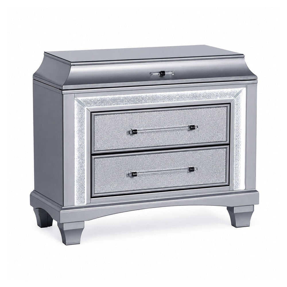 Gala Nightst& | 2 Drawers | Felt-Lined | Crystal Trim w LED | Glam Gray