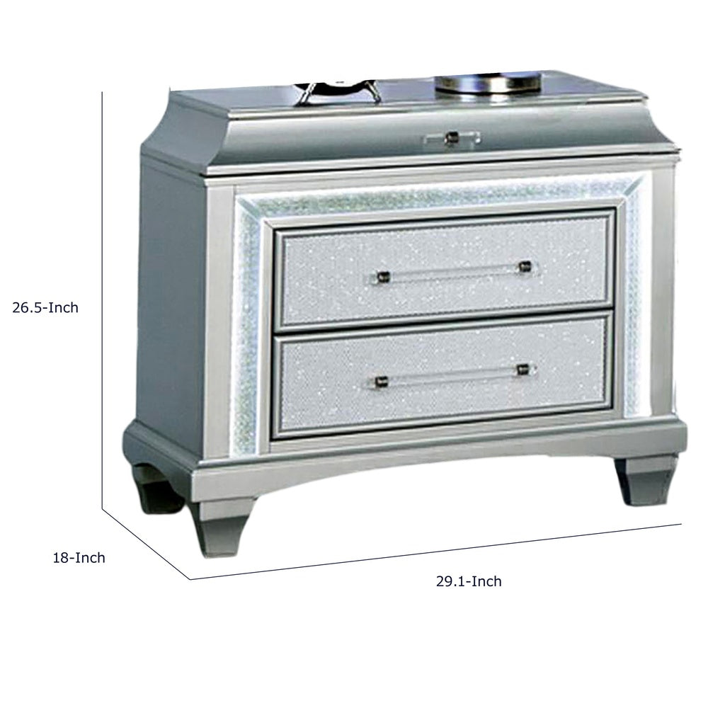 Gala Nightst& | 2 Drawers | Felt-Lined | Crystal Trim w LED | Glam Gray