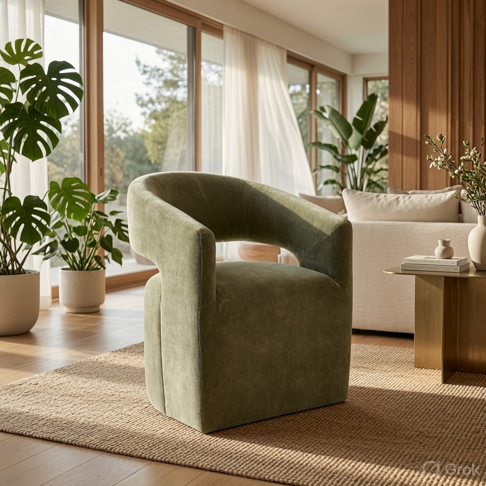 Esha Accent Barrel Chair w Casters | Foam Fill Textured Green Upholstery