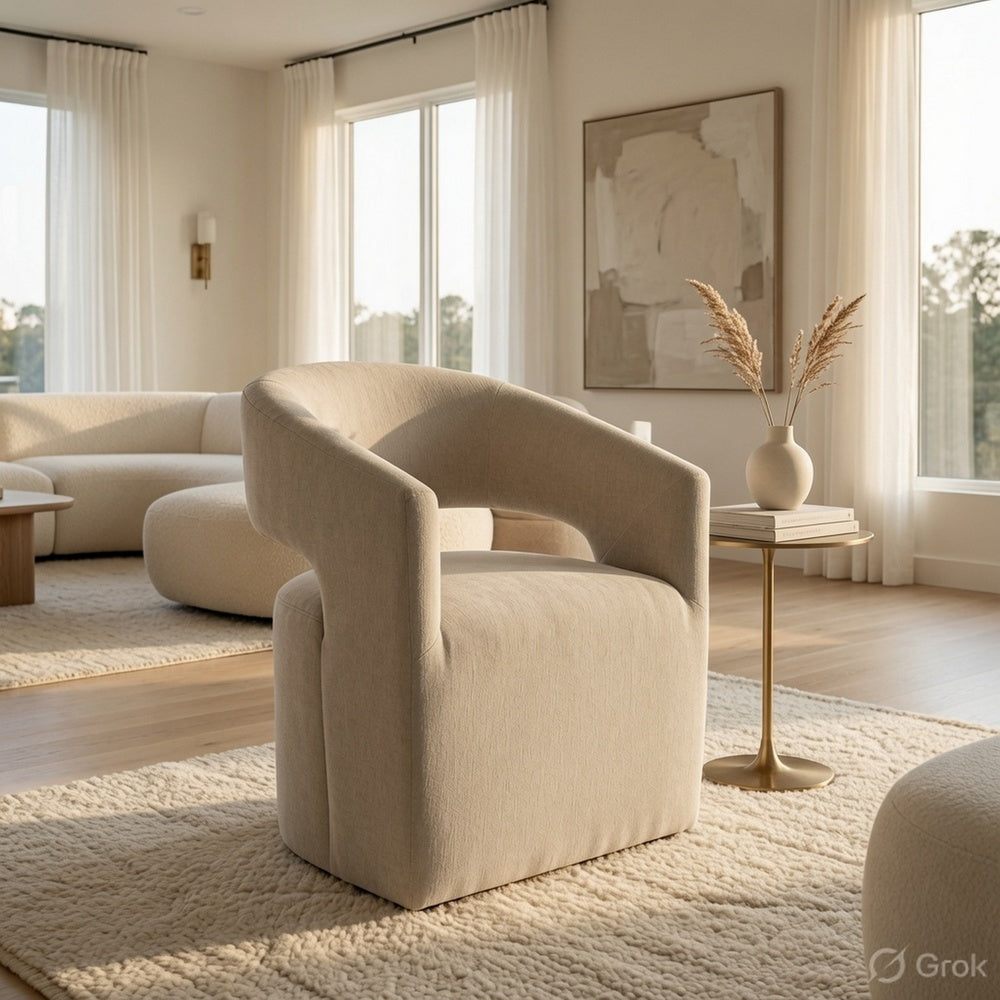 Esha Accent Barrel Chair w Casters | Foam Fill Taupe Brown Upholstery