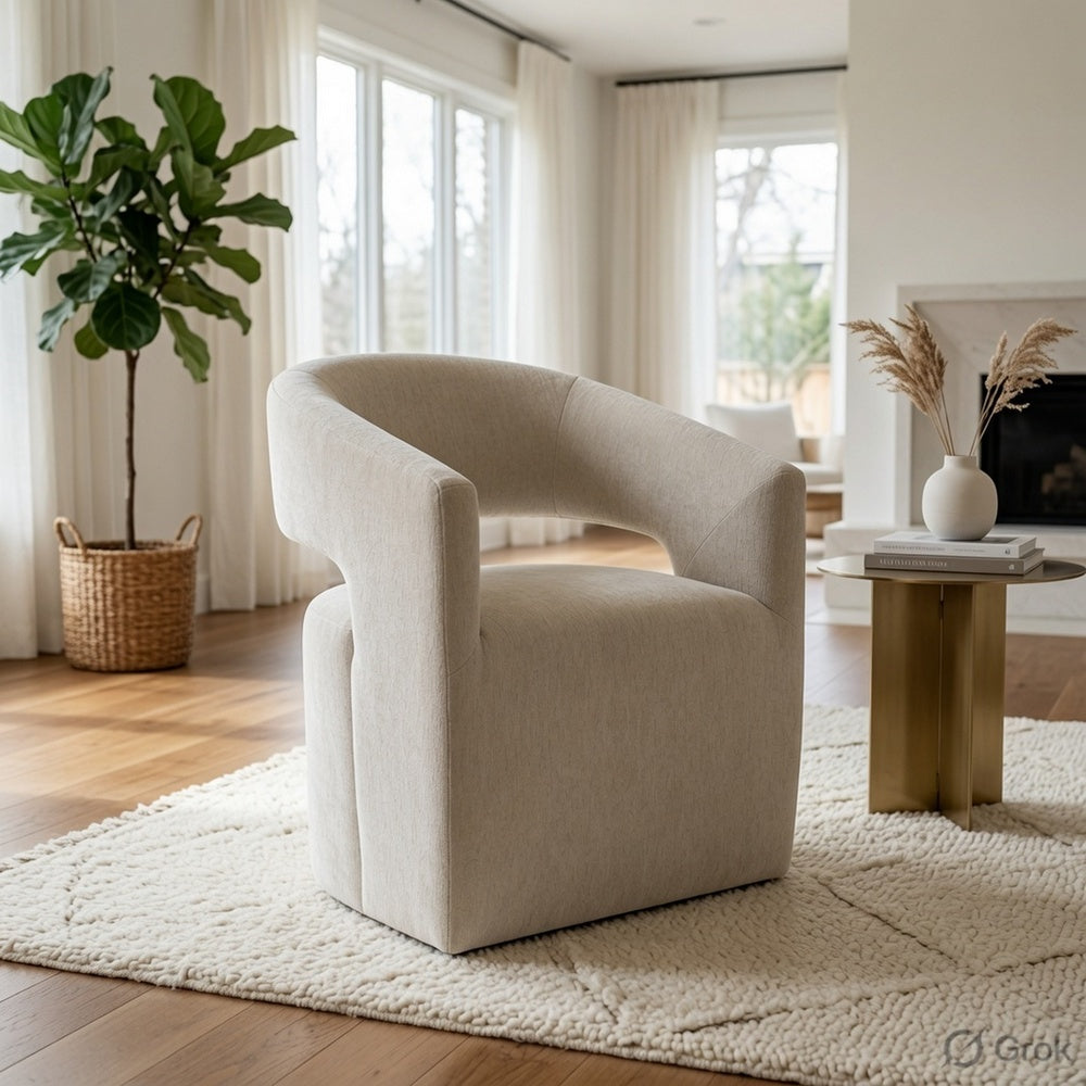 Esha Accent Barrel Chair w Casters | Foam Fill Taupe Brown Upholstery