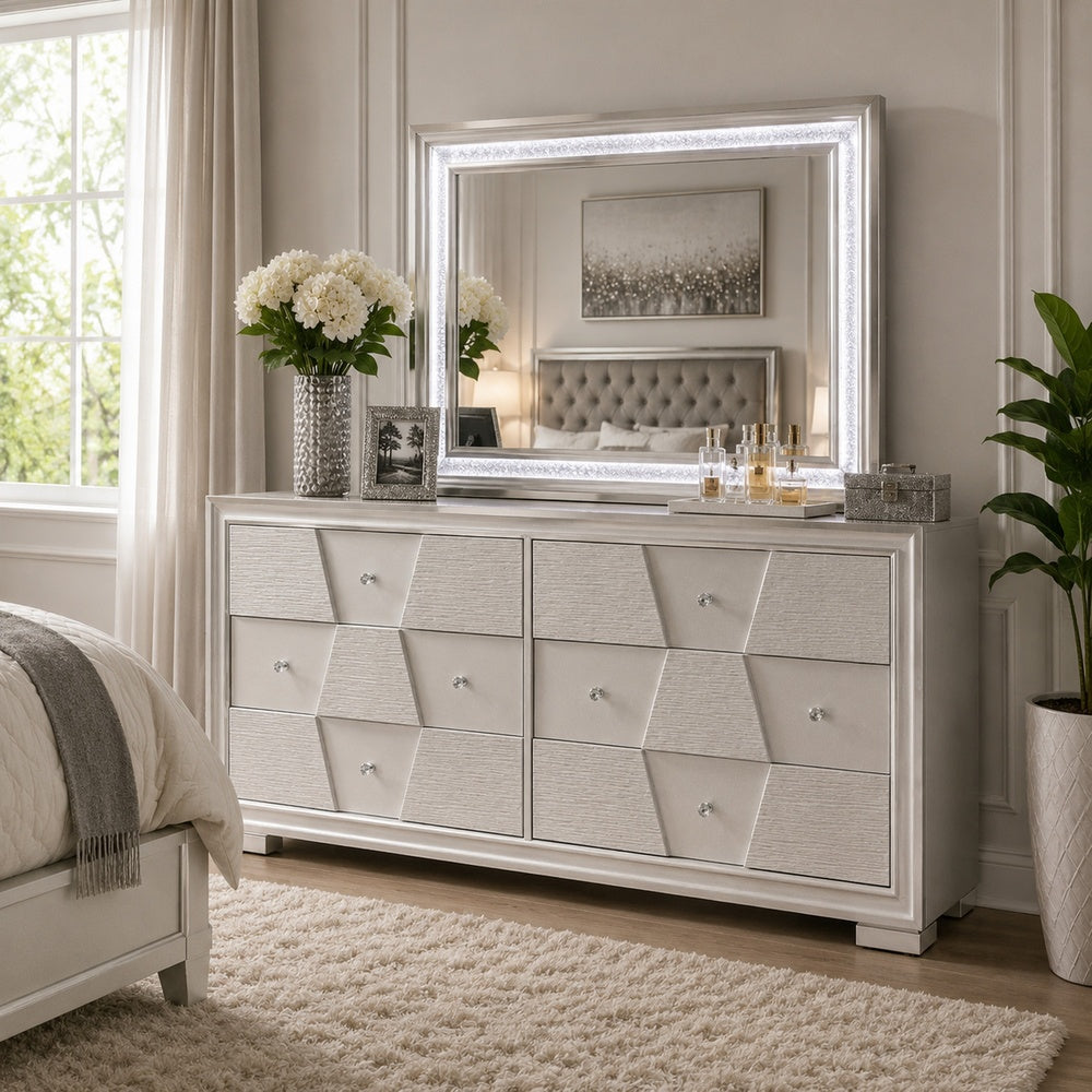 Hezi Wide Dresser | 6 Drawer | White Zig Zag Front | Acrylic Knobs