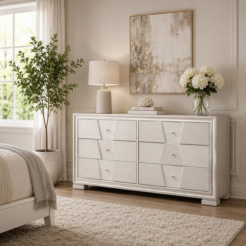 Hezi Wide Dresser | 6 Drawer | White Zig Zag Front | Acrylic Knobs