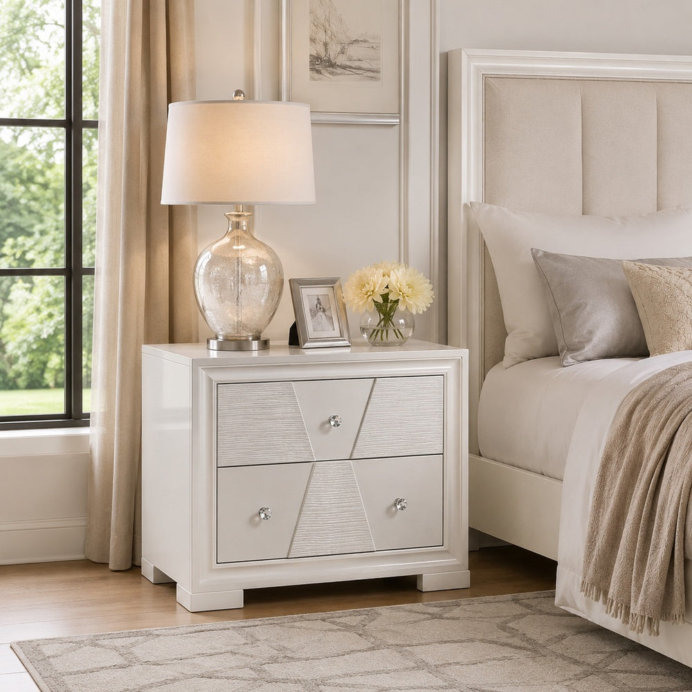 Hezi Bedside Nightst& | 2 Drawer | White Zig Zag Front | Acrylic Knobs