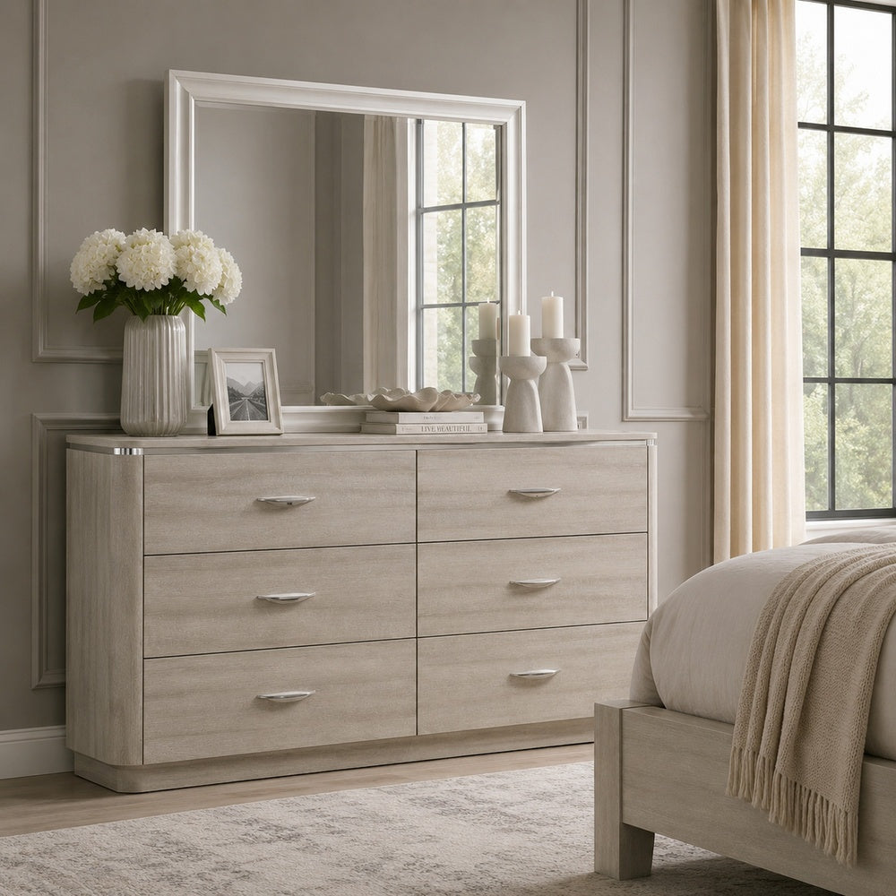 Fezi Wide Dresser | 6 Drawers | Silver Steel Finger Pulls | Dusty Gray