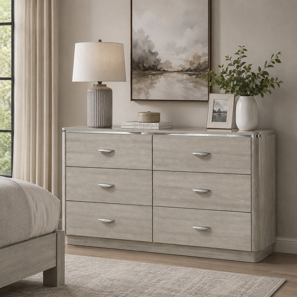 Fezi Wide Dresser | 6 Drawers | Silver Steel Finger Pulls | Dusty Gray