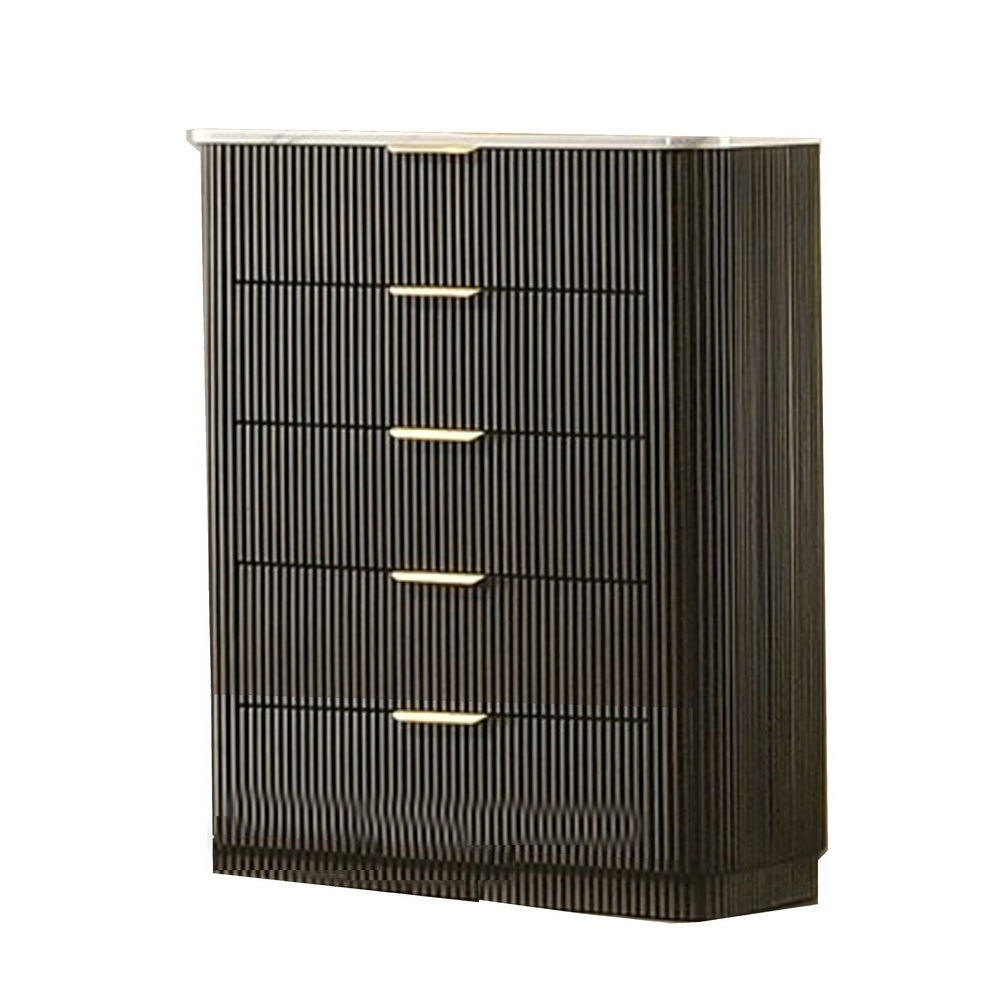 Lim Tall Dresser Chest | 5 Drawers | White Faux Marble | Dark Walnut Brown