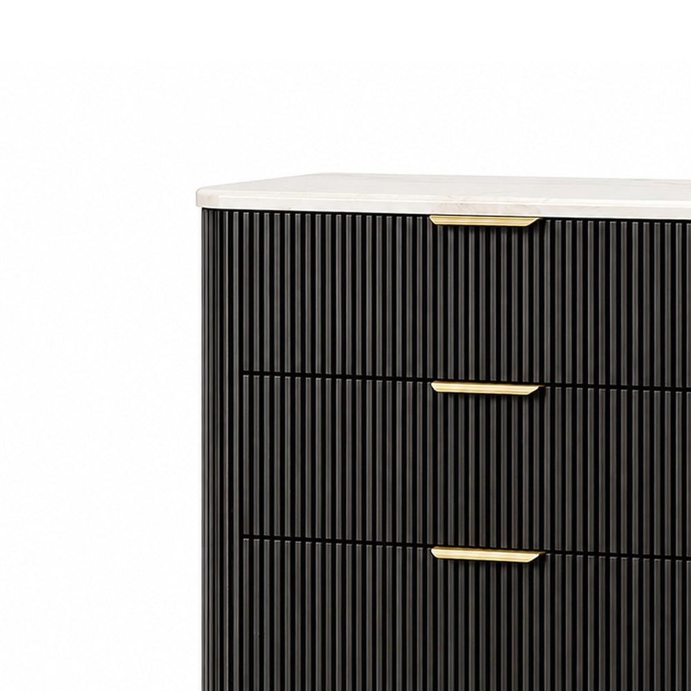 Lim Tall Dresser Chest | 5 Drawers | White Faux Marble | Dark Walnut Brown