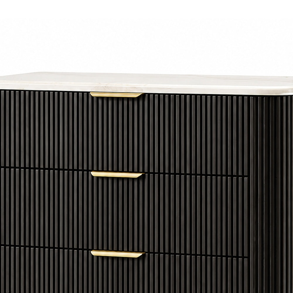 Lim Tall Dresser Chest | 5 Drawers | White Faux Marble | Dark Walnut Brown
