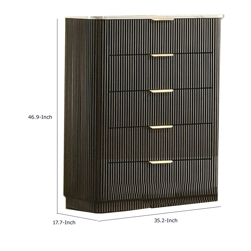 Lim Tall Dresser Chest | 5 Drawers | White Faux Marble | Dark Walnut Brown