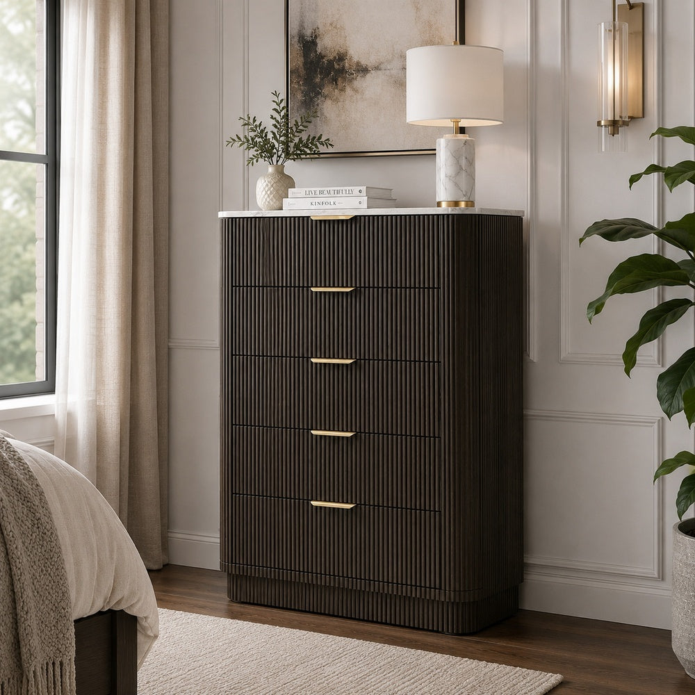 Lim Tall Dresser Chest | 5 Drawers | White Faux Marble | Dark Walnut Brown