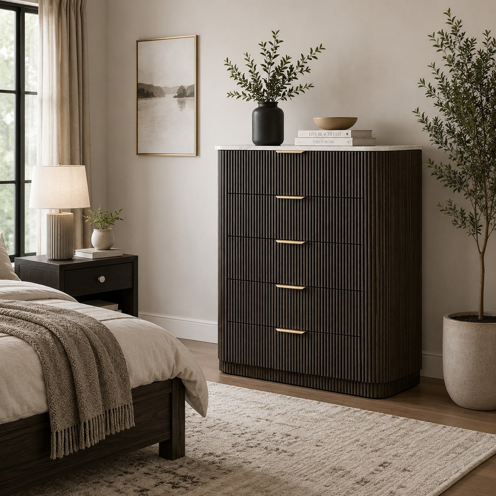 Lim Tall Dresser Chest | 5 Drawers | White Faux Marble | Dark Walnut Brown