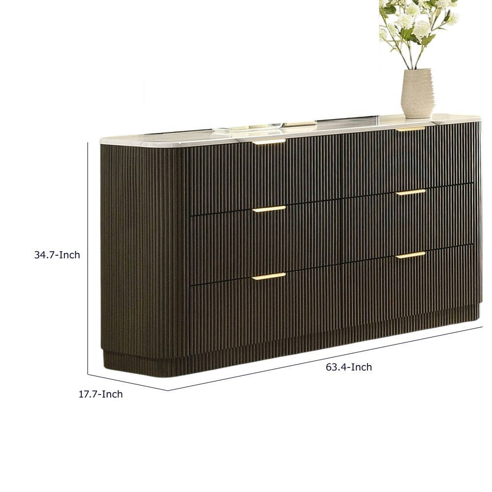 Lim Wide Dresser | 6 Drawers | White Faux Marble | Dark Walnut Brown