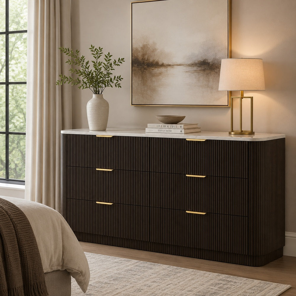 Lim Wide Dresser | 6 Drawers | White Faux Marble | Dark Walnut Brown