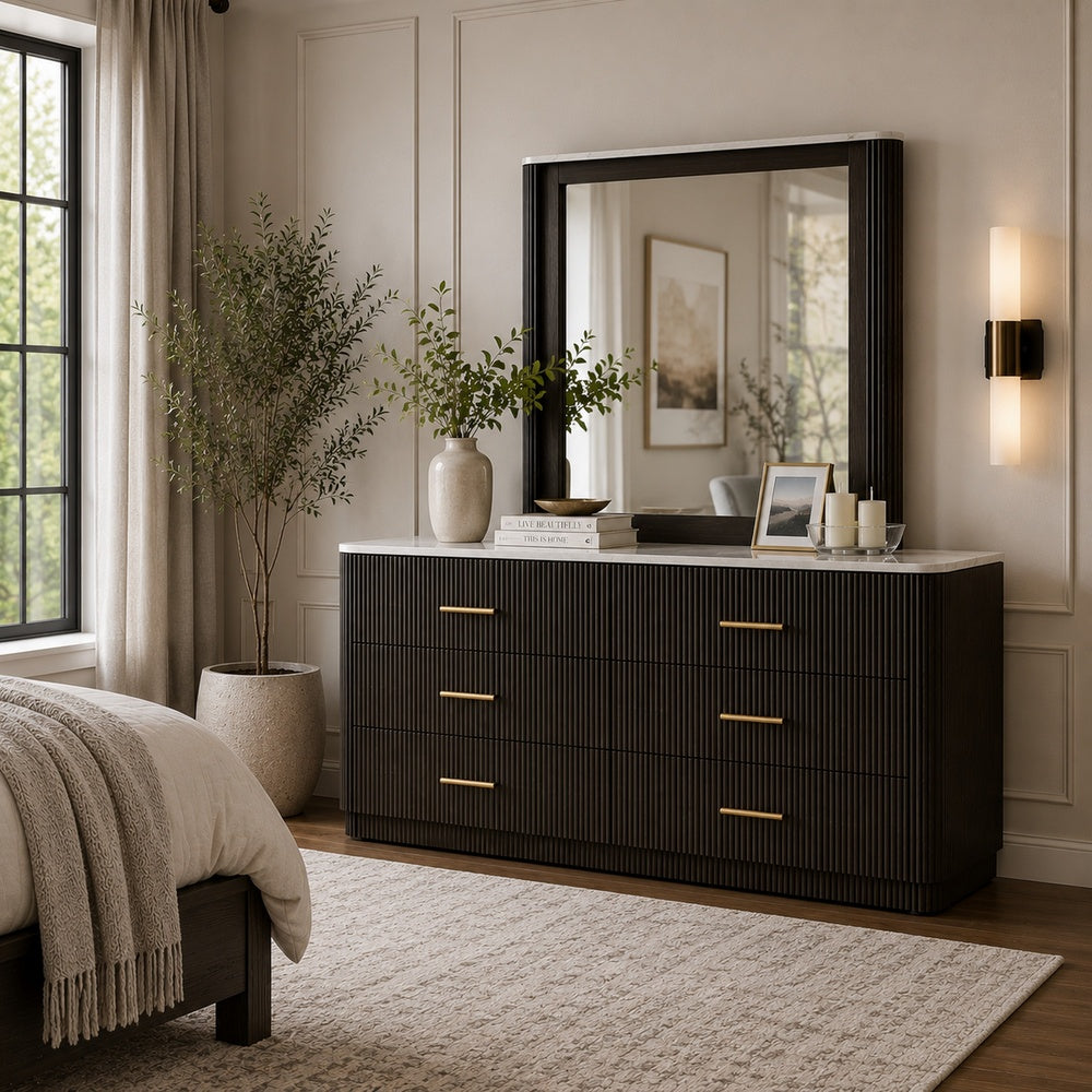 Lim Dresser Mirror | Dark Walnut Brown | Faux Marble | 39x45 Fluted Frame