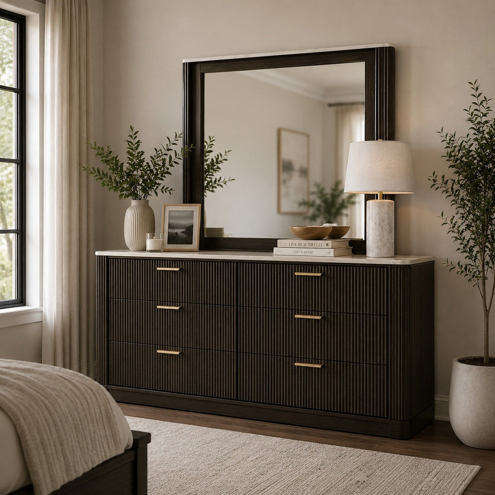 Lim Dresser Mirror | Dark Walnut Brown | Faux Marble | 39x45 Fluted Frame