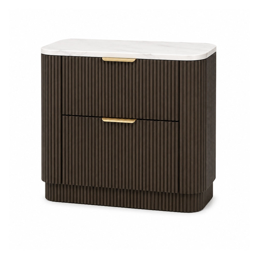 Lim Nightst& | 6 Drawers | White Faux Marble | Dark Walnut Brown