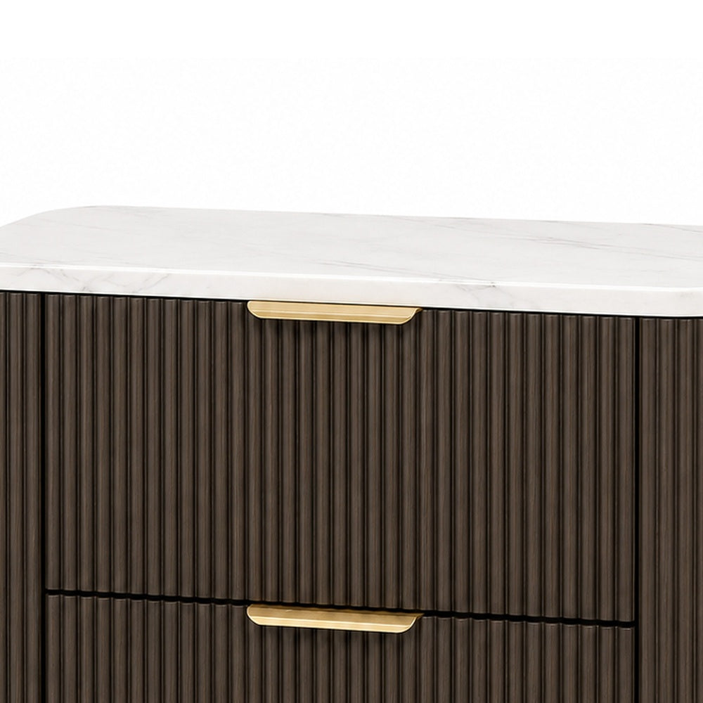 Lim Nightst& | 6 Drawers | White Faux Marble | Dark Walnut Brown