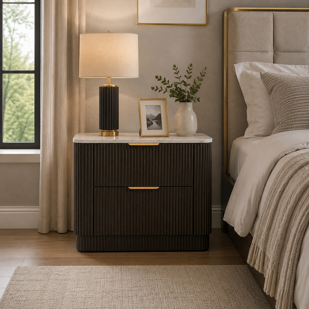 Lim Nightst& | 6 Drawers | White Faux Marble | Dark Walnut Brown