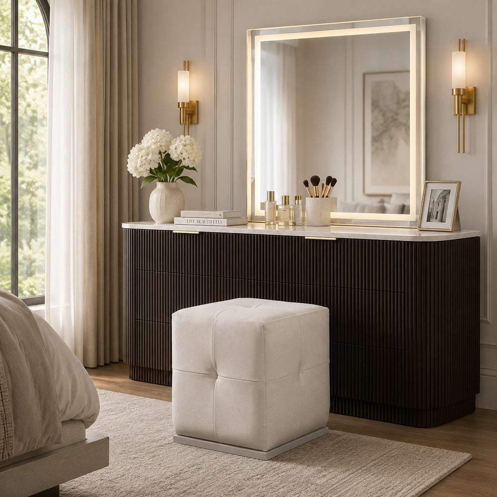 Keza Vanity Stool | White Tufted Seat | 19 " Cubic Membrane Press