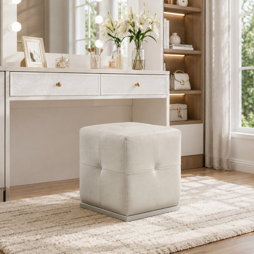 Keza Vanity Stool | White Tufted Seat | 19 " Cubic Membrane Press