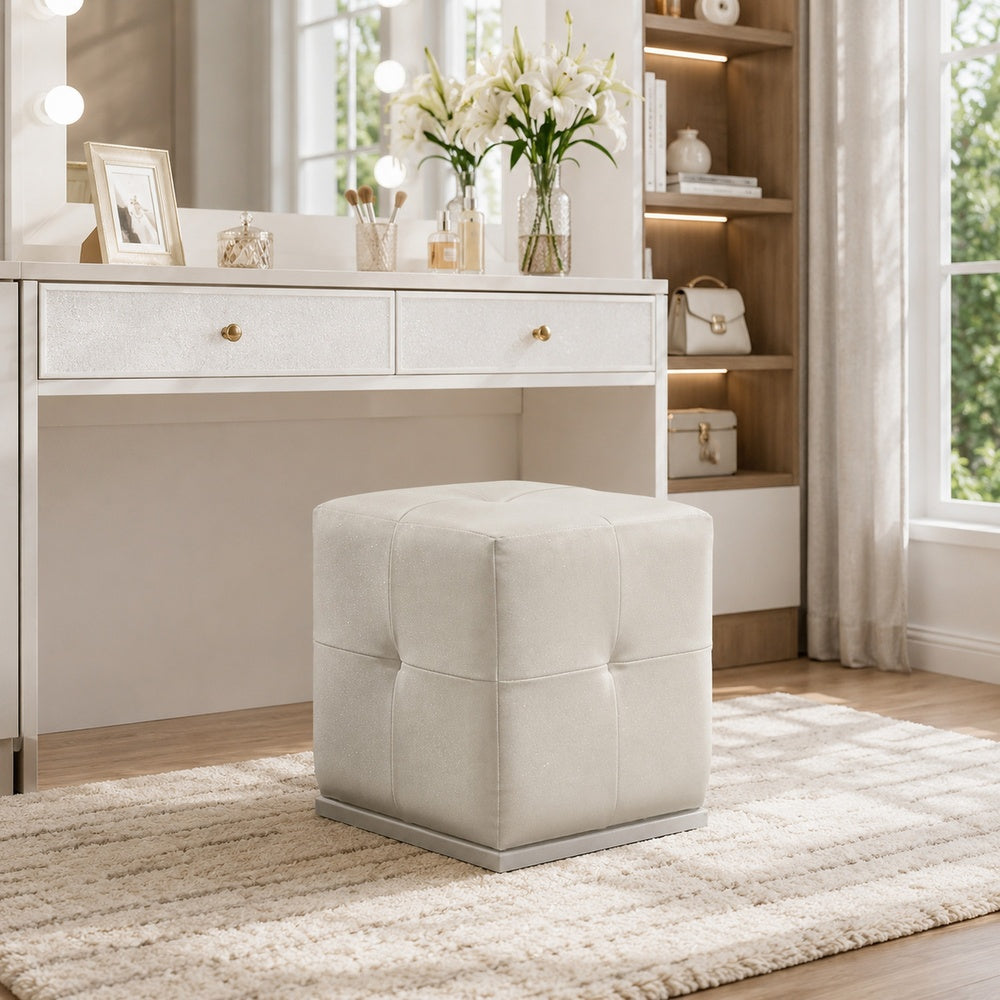 Keza Vanity Stool | White Tufted Seat | 19 " Cubic Membrane Press