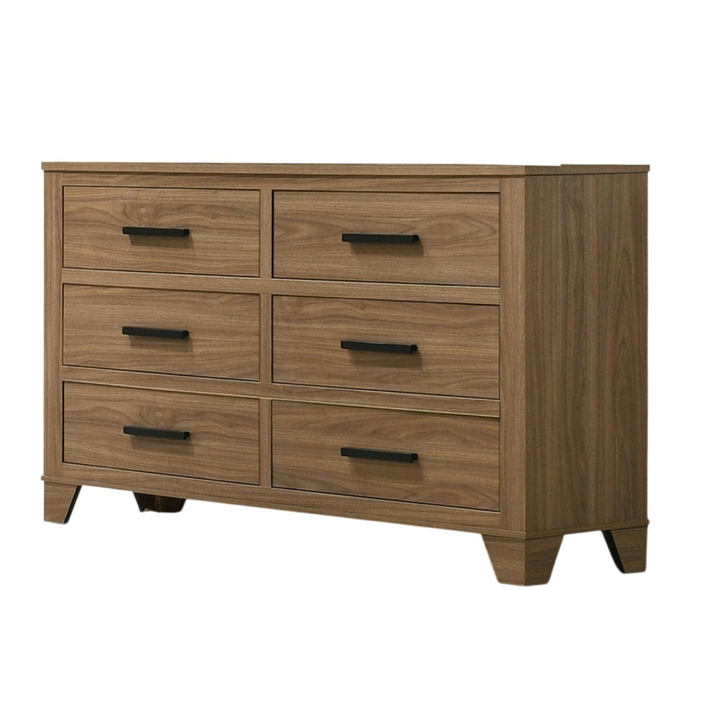 Pize Wide Dresser | 6 Drawers | Black Metal Linear Bar Pulls | Walnut Brown