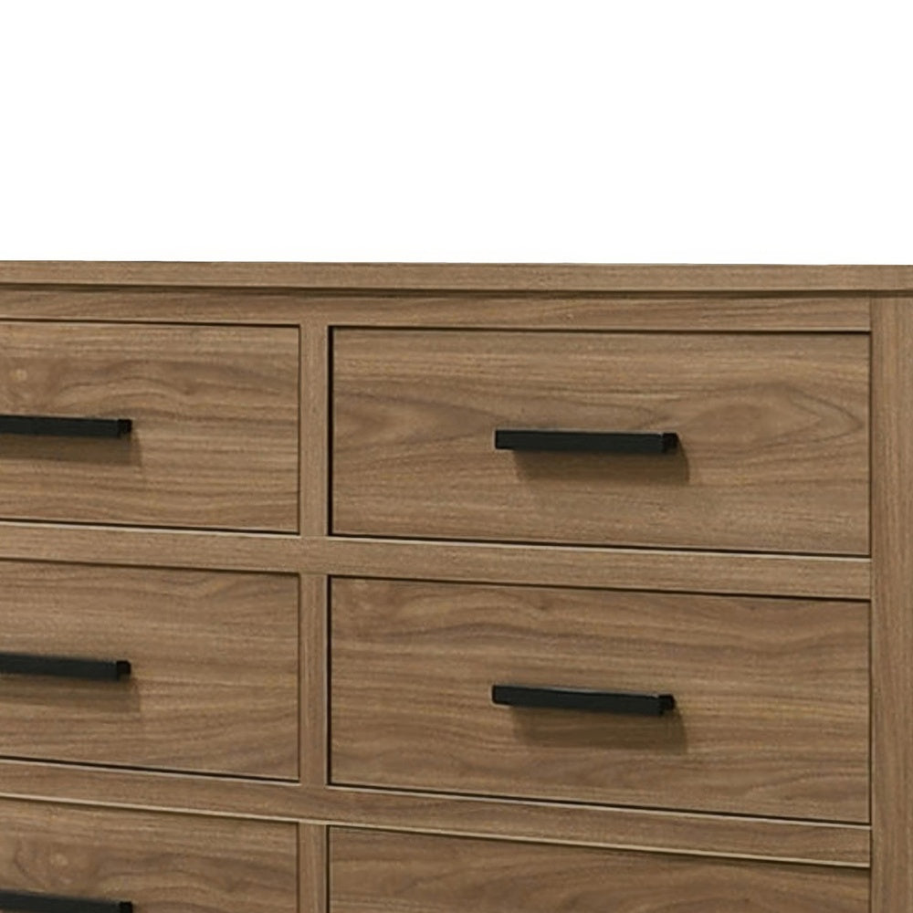 Pize Wide Dresser | 6 Drawers | Black Metal Linear Bar Pulls | Walnut Brown