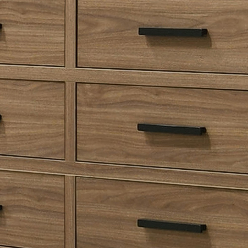 Pize Wide Dresser | 6 Drawers | Black Metal Linear Bar Pulls | Walnut Brown