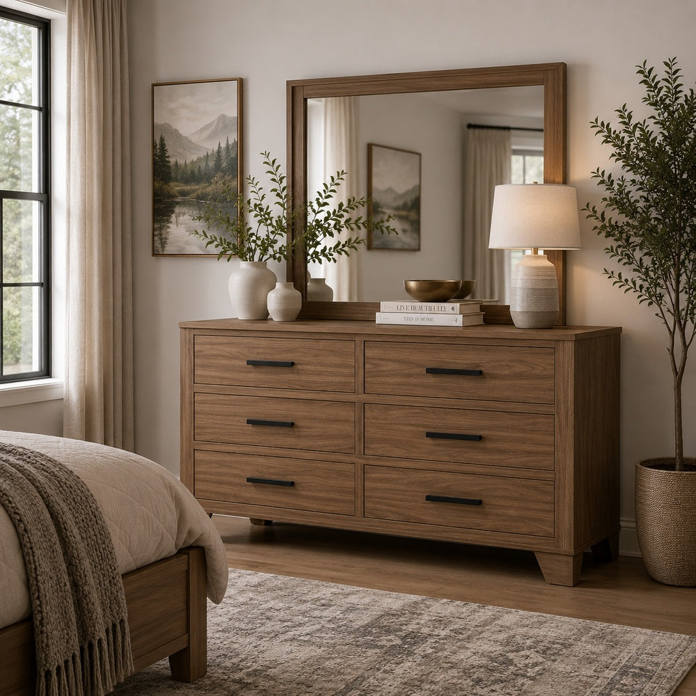 Pize Wide Dresser | 6 Drawers | Black Metal Linear Bar Pulls | Walnut Brown