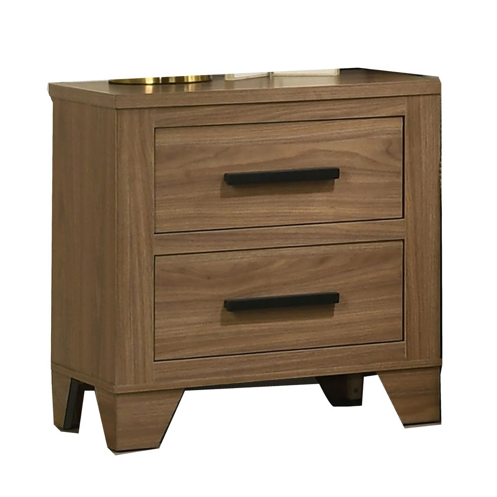 Pize Nightst& | 2 Drawers | Black Metal Linear Bar Pulls | Walnut Brown