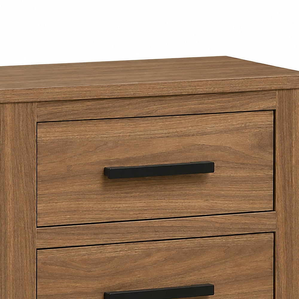 Pize Nightst& | 2 Drawers | Black Metal Linear Bar Pulls | Walnut Brown
