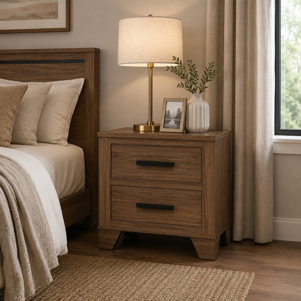 Pize Nightst& | 2 Drawers | Black Metal Linear Bar Pulls | Walnut Brown
