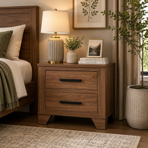 Pize Nightst& | 2 Drawers | Black Metal Linear Bar Pulls | Walnut Brown