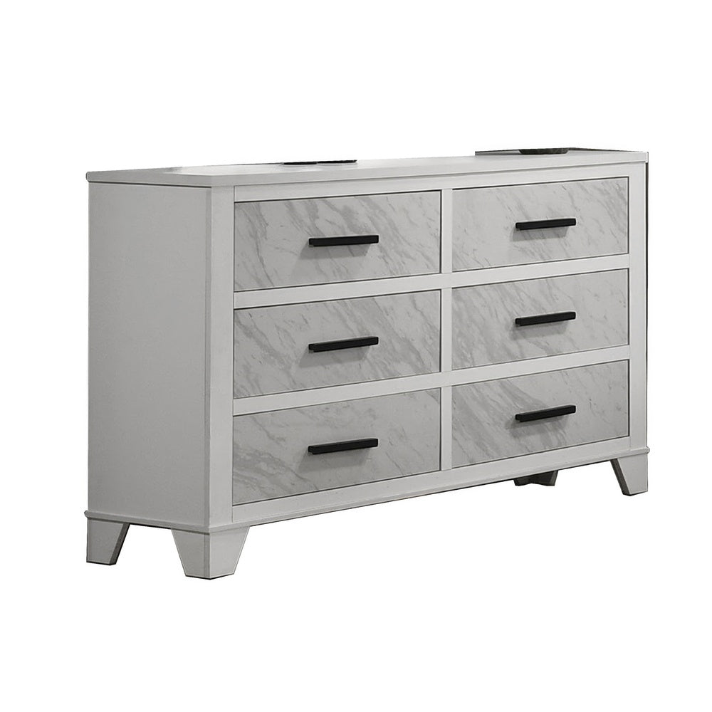 Feza Wide Dresser | 6 Drawers with Faux Marble Inset | Black Pulls | White