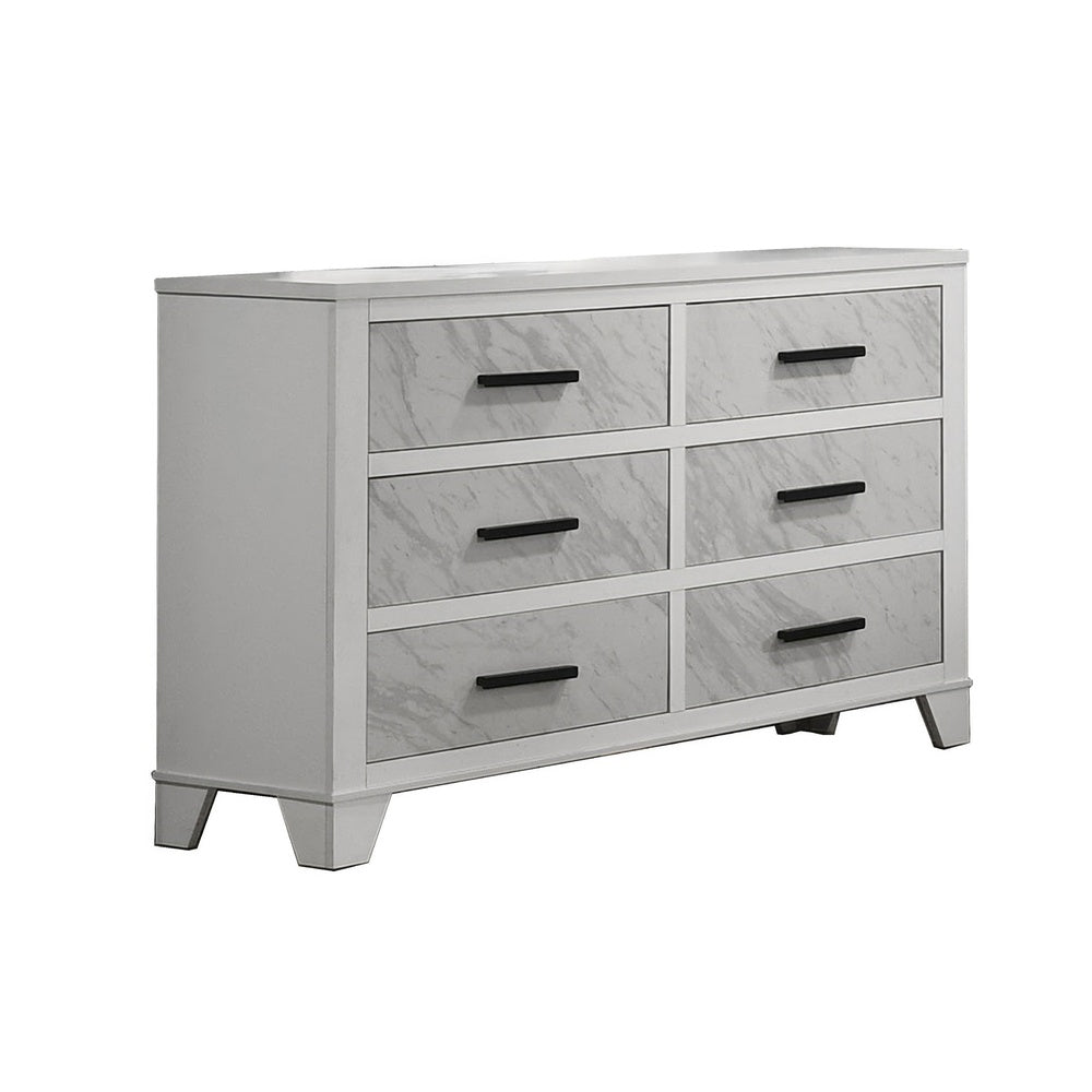 Feza Wide Dresser | 6 Drawers with Faux Marble Inset | Black Pulls | White