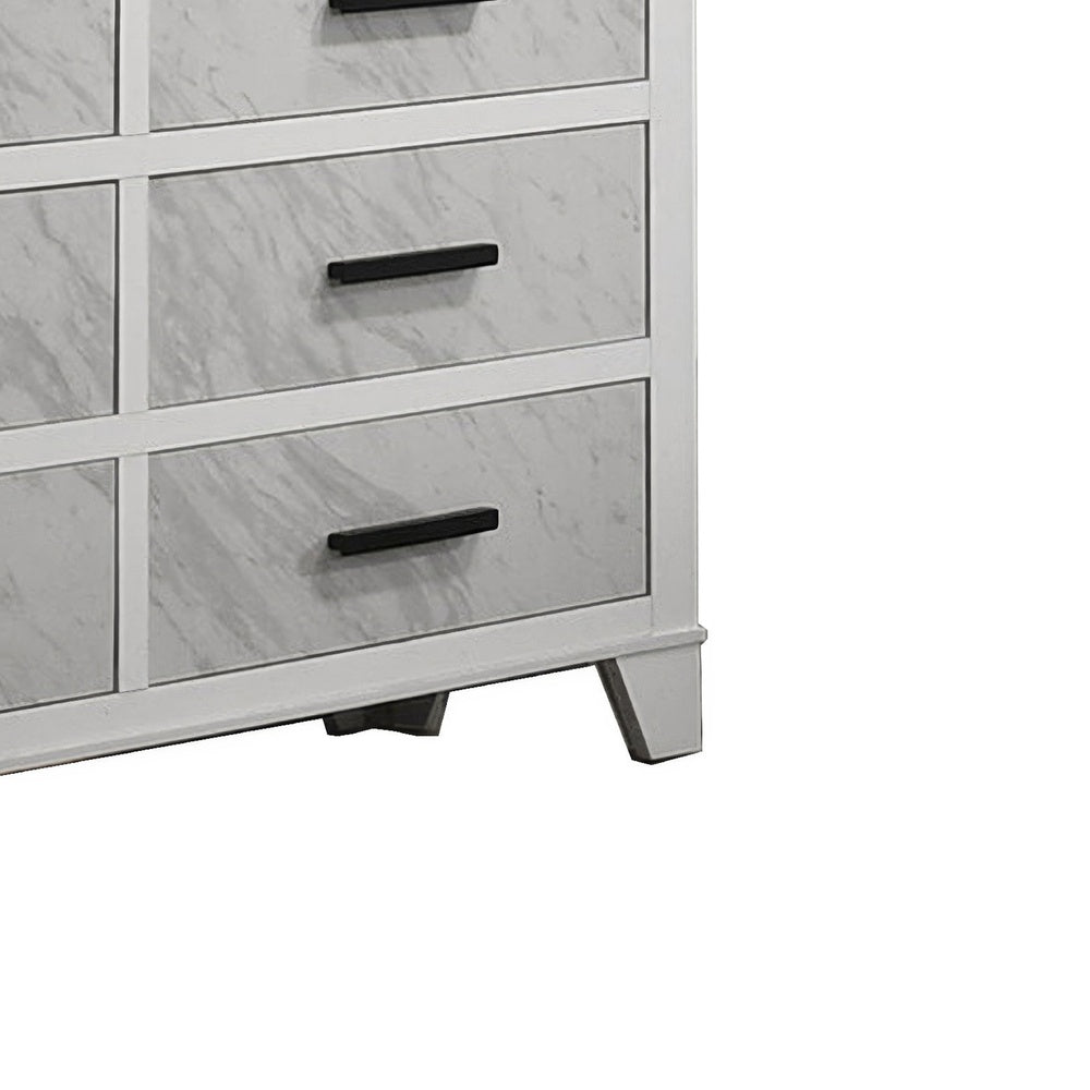 Feza Wide Dresser | 6 Drawers with Faux Marble Inset | Black Pulls | White