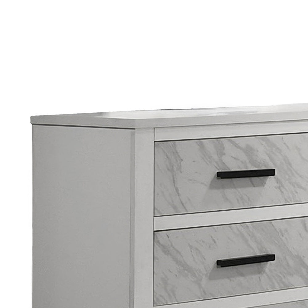 Feza Wide Dresser | 6 Drawers with Faux Marble Inset | Black Pulls | White
