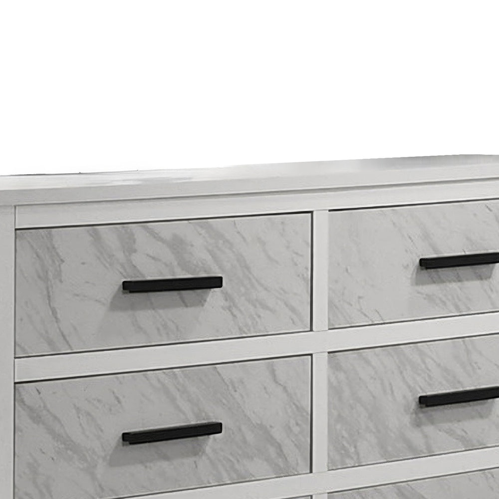 Feza Wide Dresser | 6 Drawers with Faux Marble Inset | Black Pulls | White
